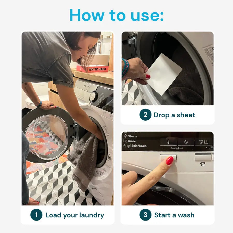 White Hack guide showing loading clothes, adding a sheet, and starting a wash
