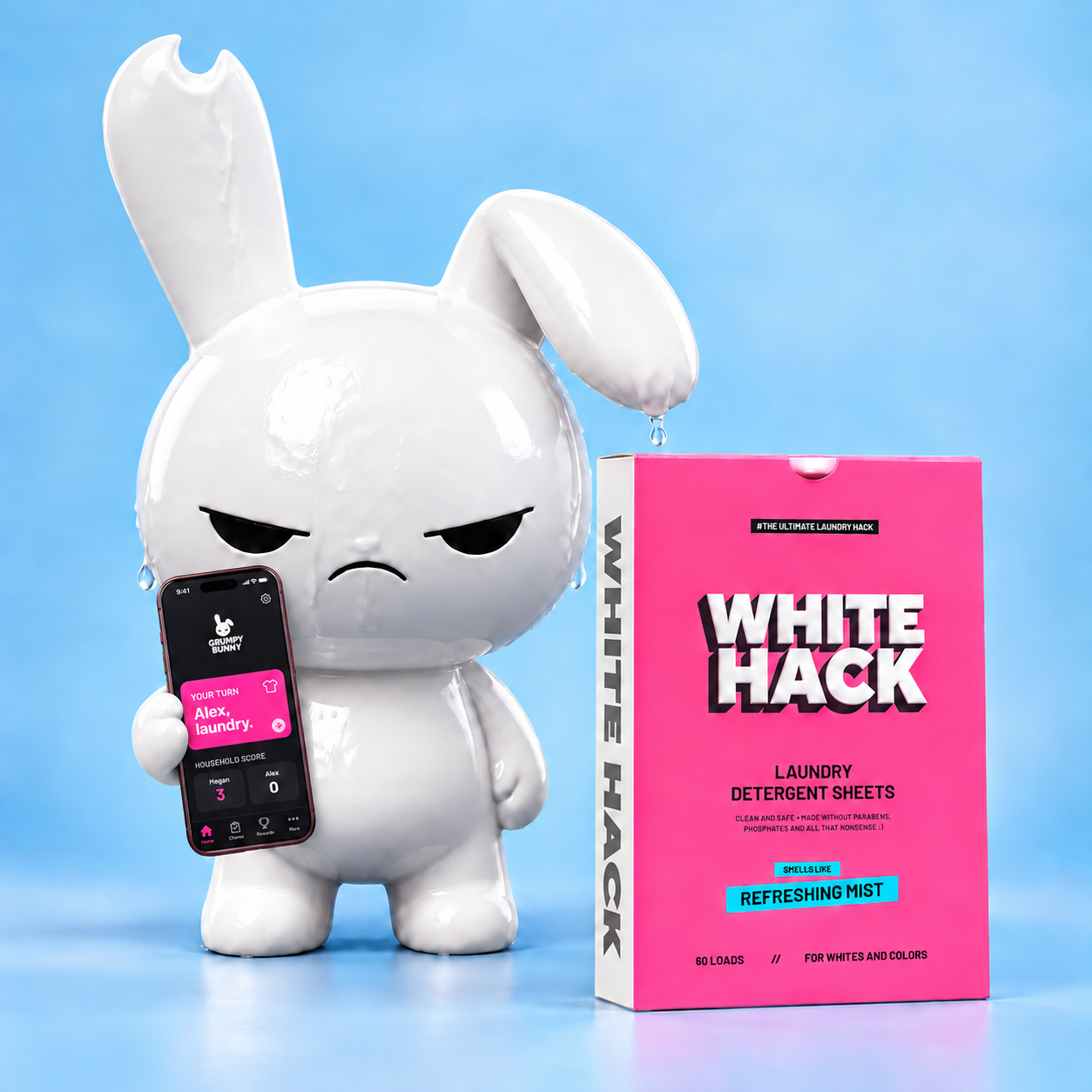 Grumpy Bunny with the White Hack detergent box and household app